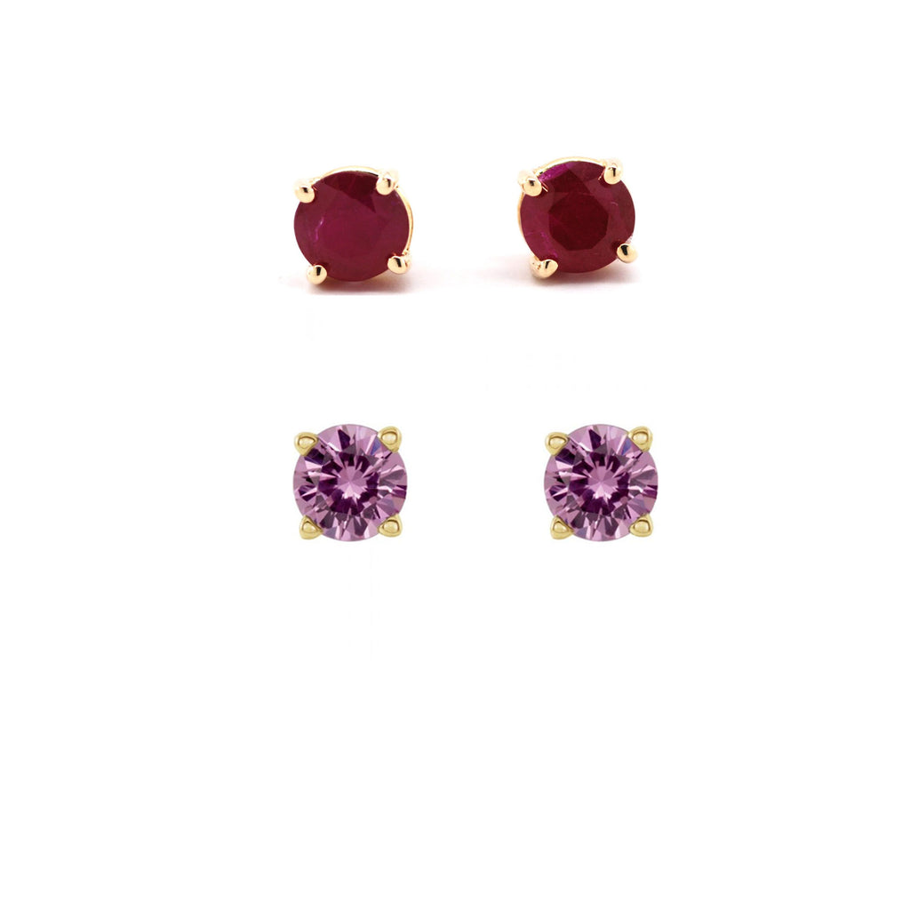14k Yellow Gold Plated 2Ct Created Ruby and Pink Sapphire 2 Pair Round Stud Earrings