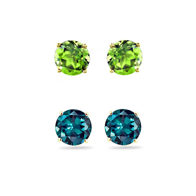 14k Yellow Gold Plated 1Ct Created Peridot and Alexandrite 2 Pair Round Stud Earrings