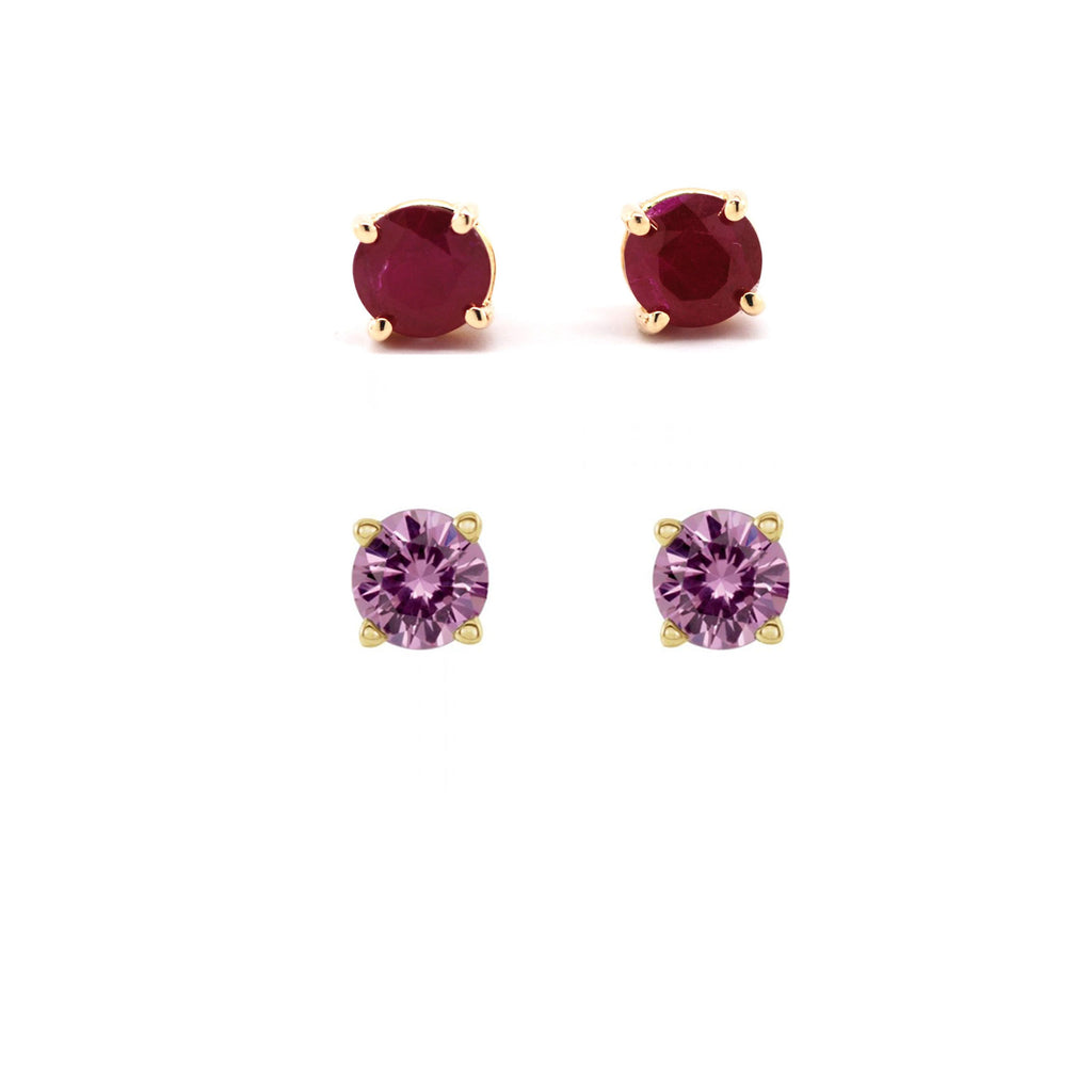 18k Yellow Gold Plated 3Ct Created Ruby and Pink Sapphire 2 Pair Round Stud Earrings