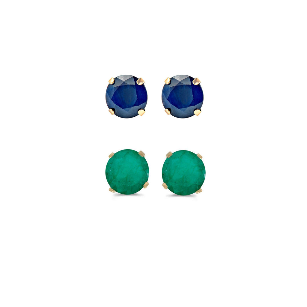 18k Yellow Gold Plated 3Ct Created Blue Sapphire and Emerald 2 Pair Round Stud Earrings