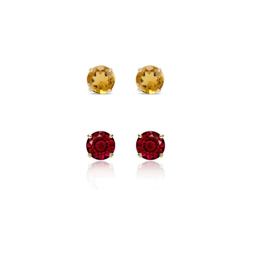 24k Yellow Gold Plated 2Ct Created Citrine and Garnet 2 Pair Round Stud Earrings