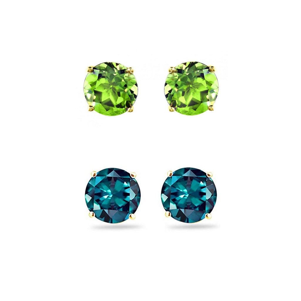 24k Yellow Gold Plated 2Ct Created Peridot and Alexandrite 2 Pair Round Stud Earrings