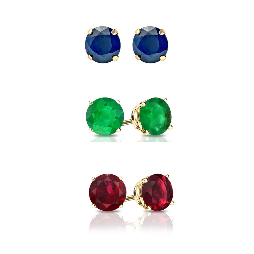 24k Yellow Gold Plated 4Ct Created Blue Sapphire, Emerald and Ruby 3 Pair Round Stud Earrings