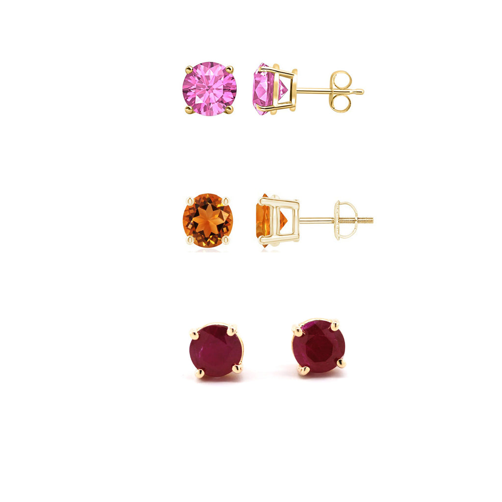 24k Yellow Gold Plated 2Ct Created Pink Sapphire, Citrine and Garnet 3 Pair Round Stud Earrings
