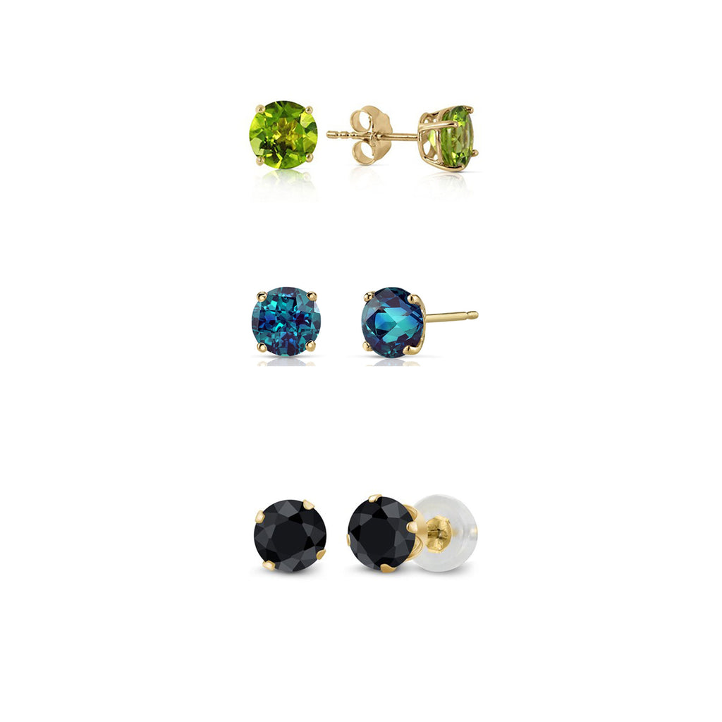 24k Yellow Gold Plated 2Ct Created Peridot, Alexandrite and Black Sapphire 3 Pair Round Stud Earrings