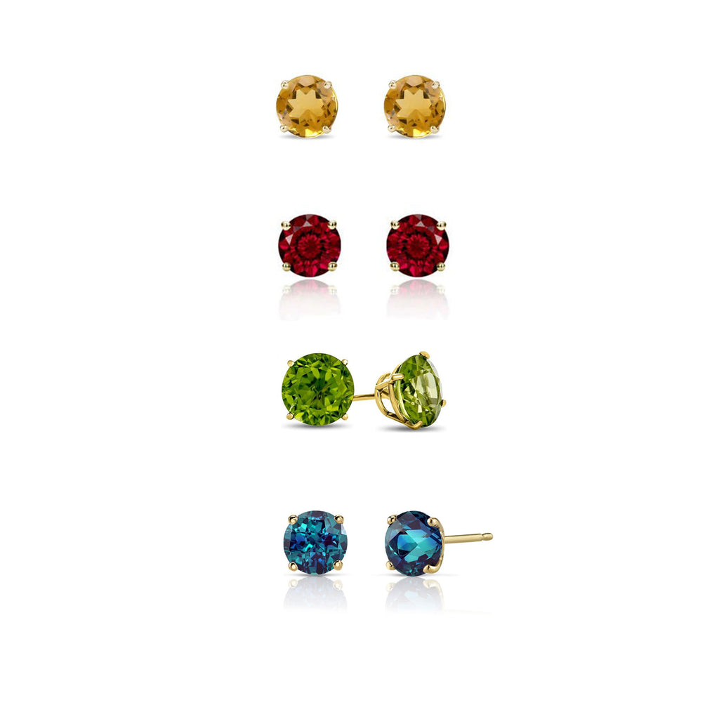 24k Yellow Gold Plated 3Ct Created Citrine, Garnet, Peridot and Alexandrite 4 Pair Round Stud Earrings