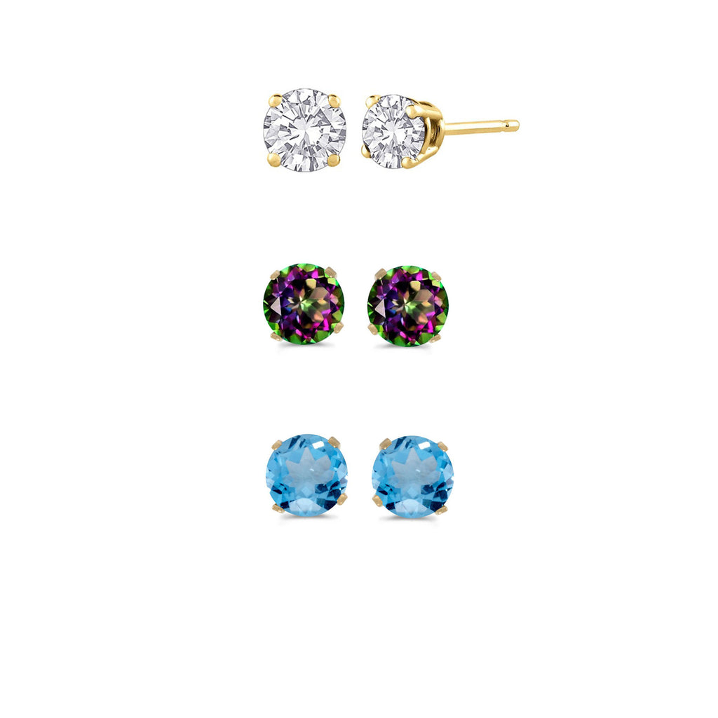 14k Yellow Gold Plated 2Ct Created White Sapphire, Mystic Topaz and Blue Topaz 3 Pair Round Stud Earrings
