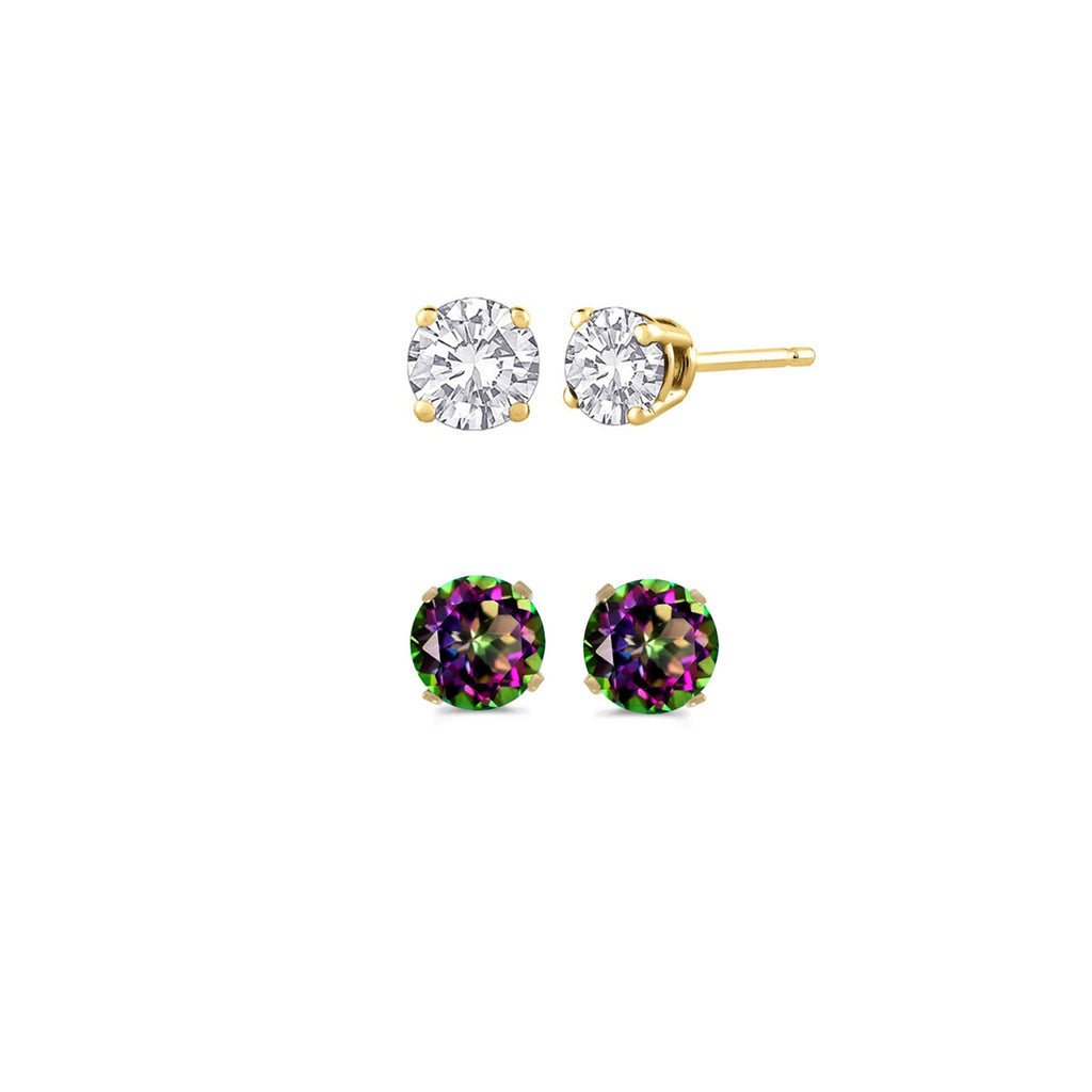 14k Yellow Gold Plated 4Ct Created White Sapphire and Mystic Topaz 2 Pair Round Stud Earrings
