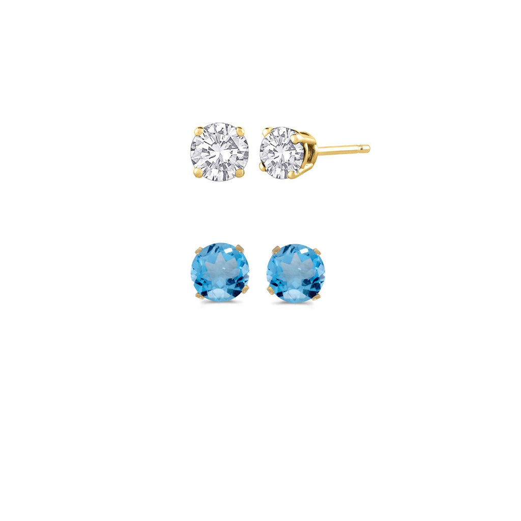 24k Yellow Gold Plated 2Ct Created White Sapphire and Blue Topaz 2 Pair Round Stud Earrings