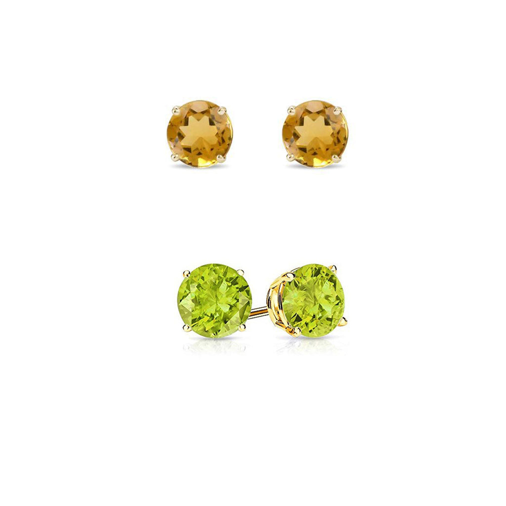 24k Yellow Gold Plated 1/2Ct Created Citrine and Peridot 2 Pair Round Stud Earrings
