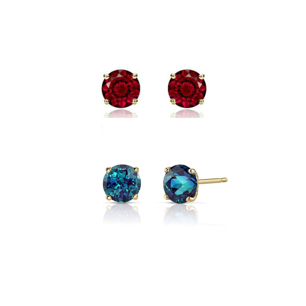 14k Yellow Gold Plated 1Ct Created Garnet and Alexandrite 2 Pair Round Stud Earrings