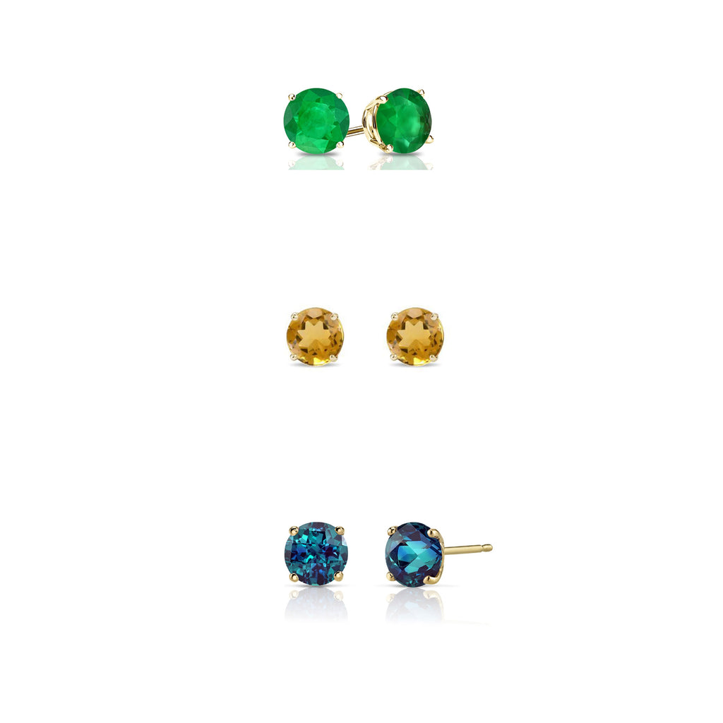 14k Yellow Gold Plated 1/2Ct Created Emerald, Citrine and Alexandrite 3 Pair Round Stud Earrings