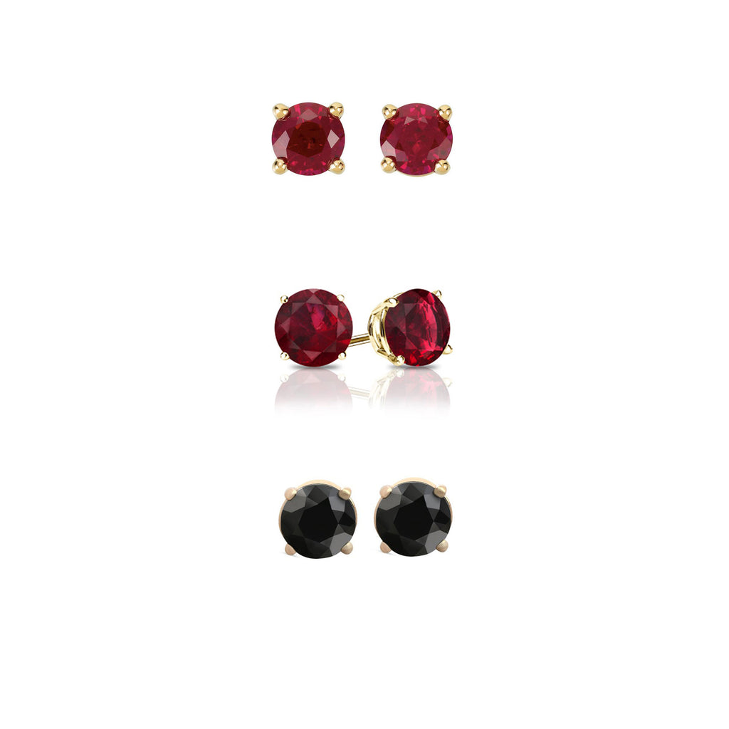 24k Yellow Gold Plated 2Ct Created Ruby, Garnet and Black Sapphire 3 Pair Round Stud Earrings