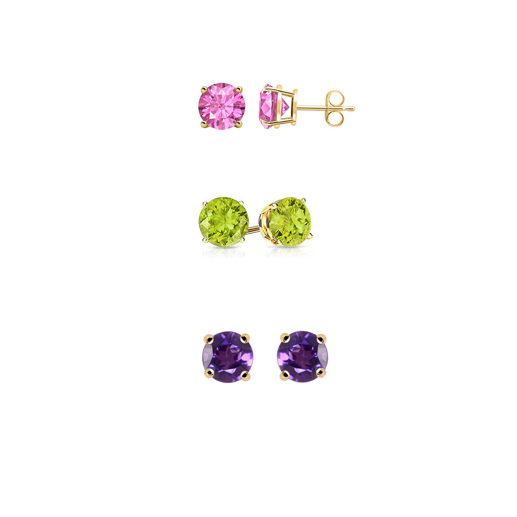 24k Yellow Gold Plated 2Ct Created Pink Sapphire, Peridot and Amethyst 3 Pair Round Stud Earrings