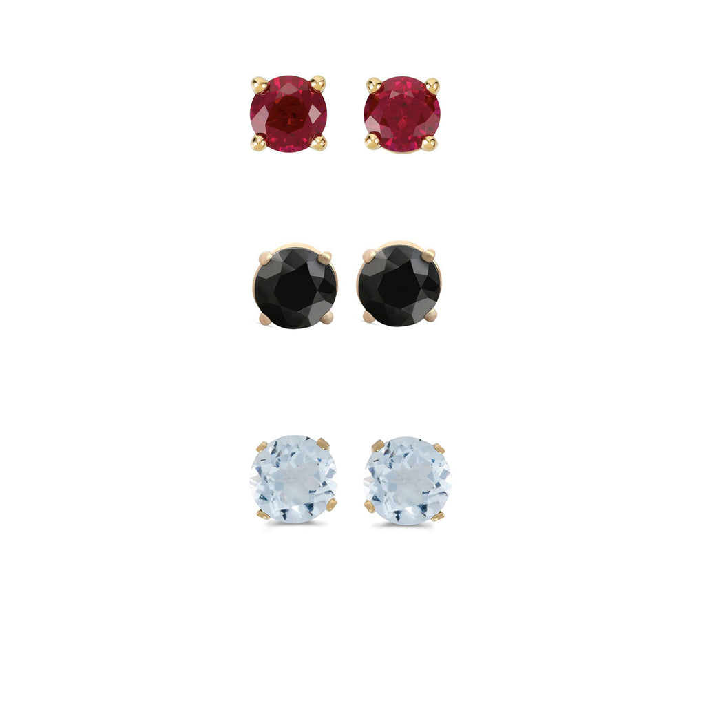 14k Yellow Gold Plated 1Ct Created Garnet, Black Sapphire and Aquamarine 3 Pair Round Stud Earrings