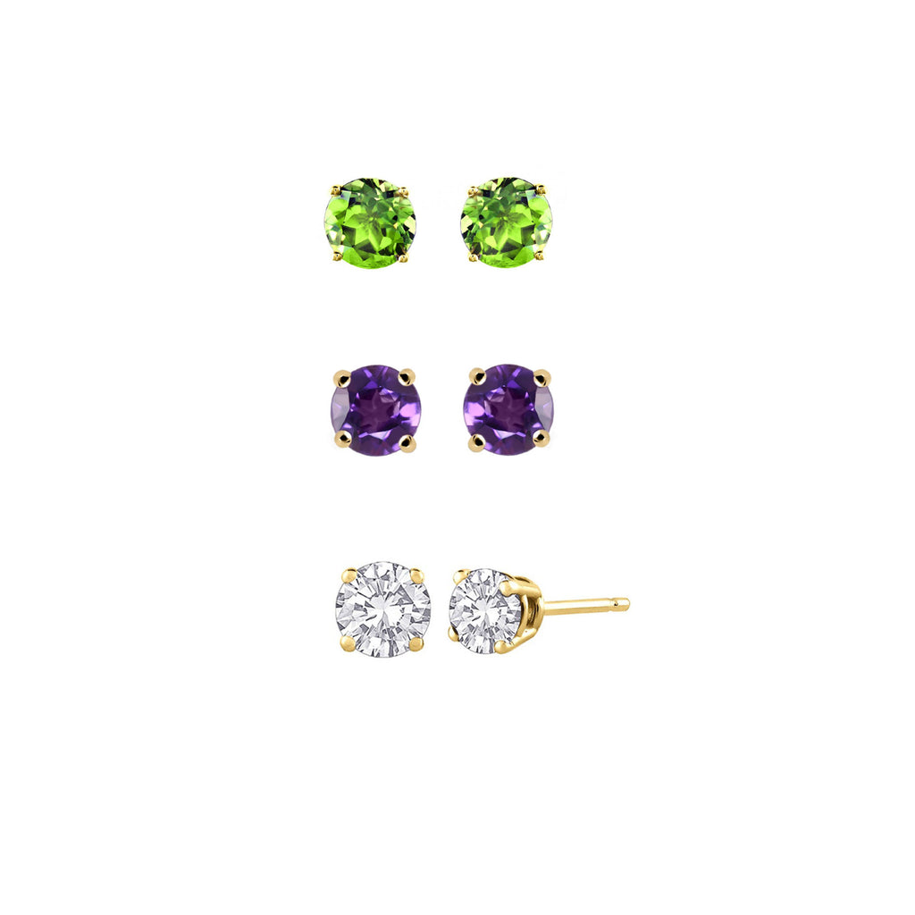 24k Yellow Gold Plated 3Ct Created Peridot, Amethyst and White Sapphire 3 Pair Round Stud Earrings