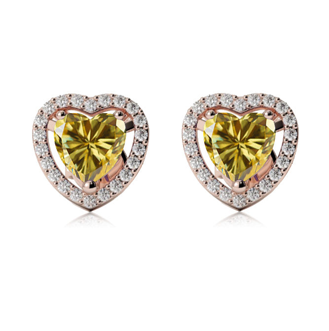 10k Rose Gold Plated 2 Ct Created Halo Heart Yellow Sapphire Stud Earrings