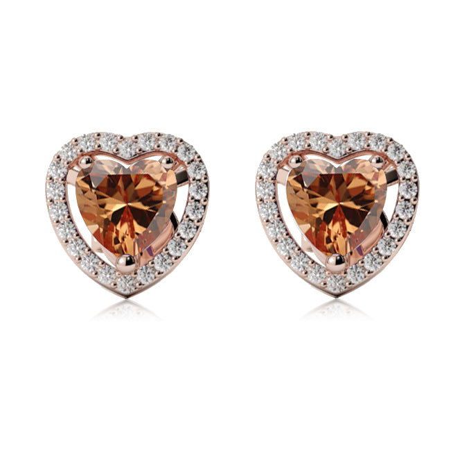 24k Rose Gold Plated 3 Ct Created Halo Heart Citrine Stud Earrings
