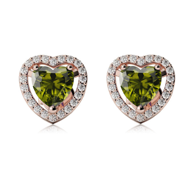 24k Rose Gold Plated 3 Ct Created Halo Heart Peridot Stud Earrings