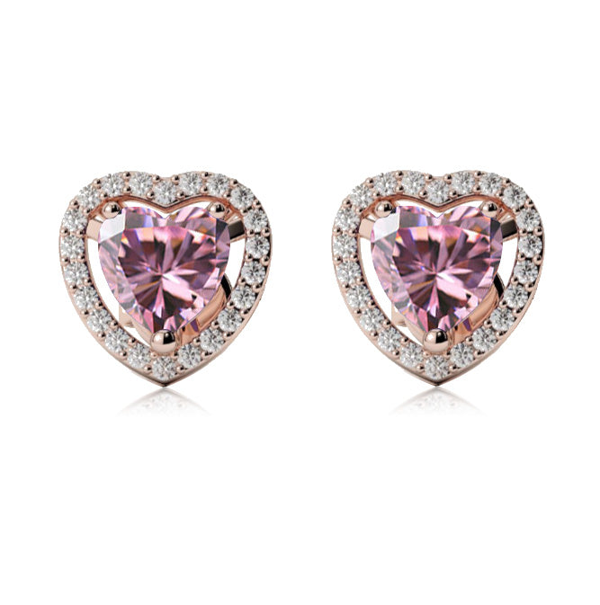 14k Rose Gold Plated 1 Ct Created Halo Heart Pink Sapphire Stud Earrings