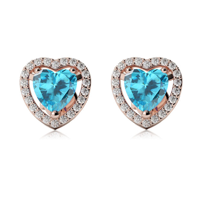 18k Rose Gold Plated 3 Ct Created Halo Heart Blue Topaz Stud Earrings