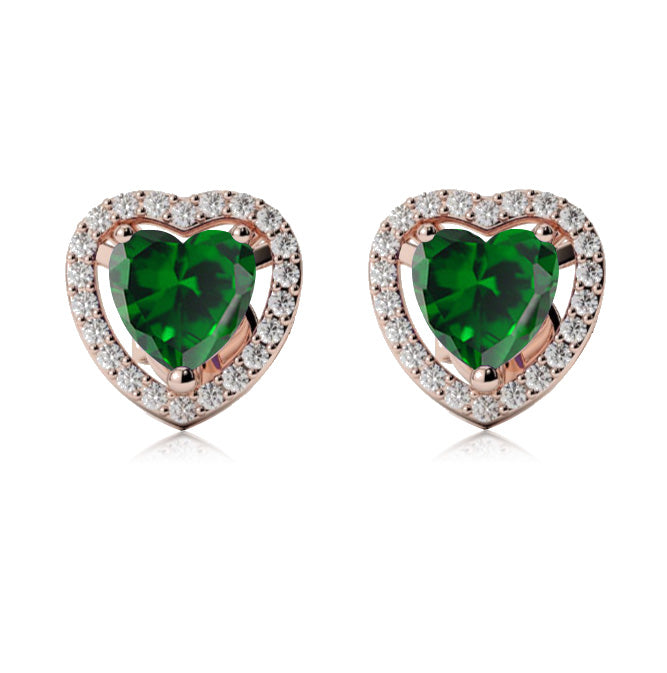 10k Rose Gold Plated 1 Ct Created Halo Heart Emerald Stud Earrings