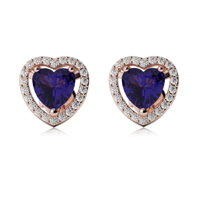 10k Rose Gold Plated 1 Ct Created Halo Heart Blue Sapphire Stud Earrings