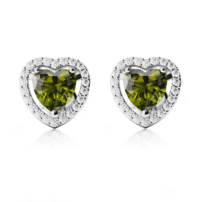 18k White Gold Plated 4 Ct Created Halo Heart Peridot Stud Earrings