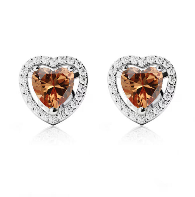18k White Gold Plated 1 Ct Created Halo Heart Citrine Stud Earrings