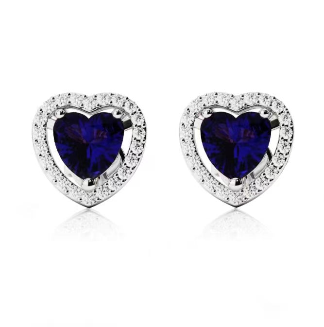 10k White Gold Plated 4 Ct Created Halo Heart Blue Sapphire Stud Earrings