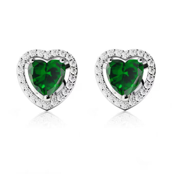 10k White Gold Plated 2 Ct Created Halo Heart Emerald Stud Earrings