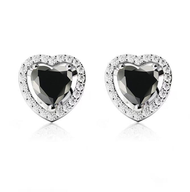 10k White Gold Plated 4 Ct Created Halo Heart Black Sapphire Stud Earrings