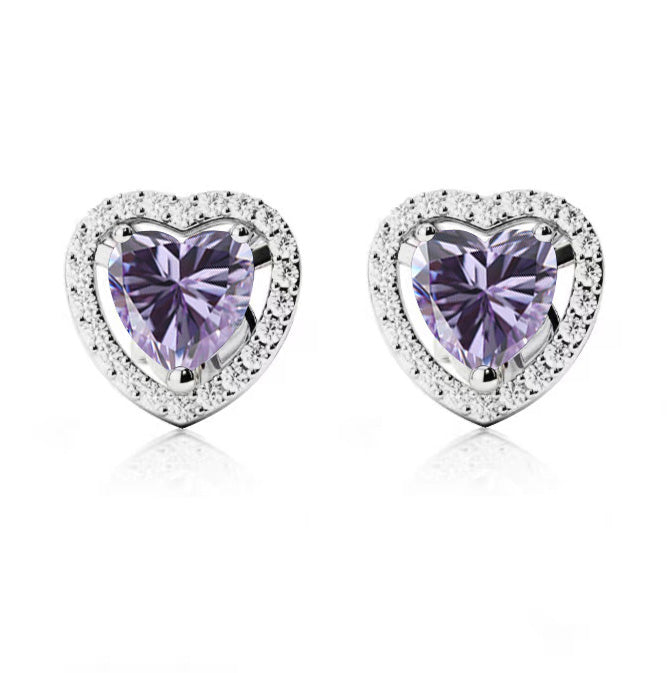 10k White Gold Plated 2 Ct Created Halo Heart Tanzanite Stud Earrings