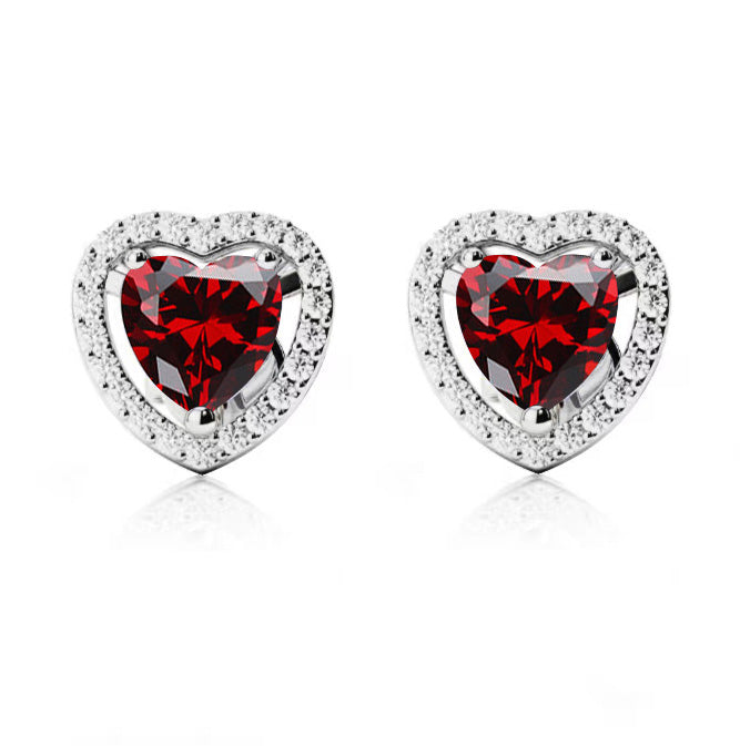 10k  White Gold Plated 2 Ct Created Halo Heart Garnet Stud Earrings