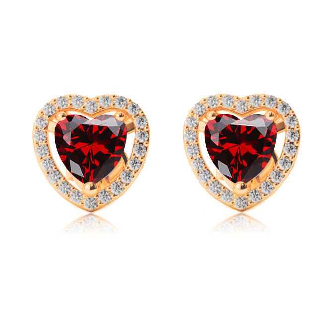 10k  Yellow Gold Plated 2 Ct Created Halo Heart Garnet Stud Earrings