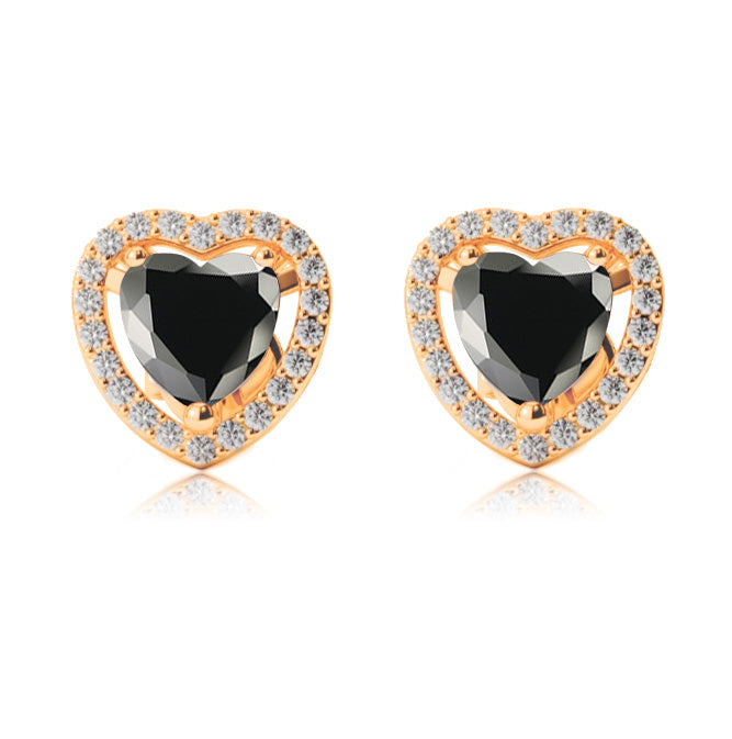 10k Yellow Gold Plated 2 Ct Created Halo Heart Black Sapphire Stud Earrings