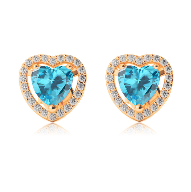 10k Yellow Gold Plated 1 Ct Created Halo Heart Blue Topaz Stud Earrings