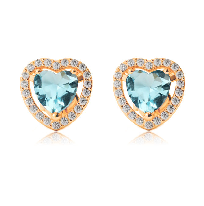 10k Yellow Gold Plated 1/2 Ct Created Halo Heart Aquamarine Stud Earrings