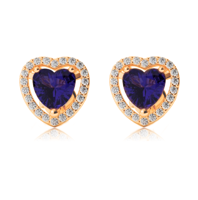 10k Yellow Gold Plated 3 Ct Created Halo Heart Blue Sapphire Stud Earrings