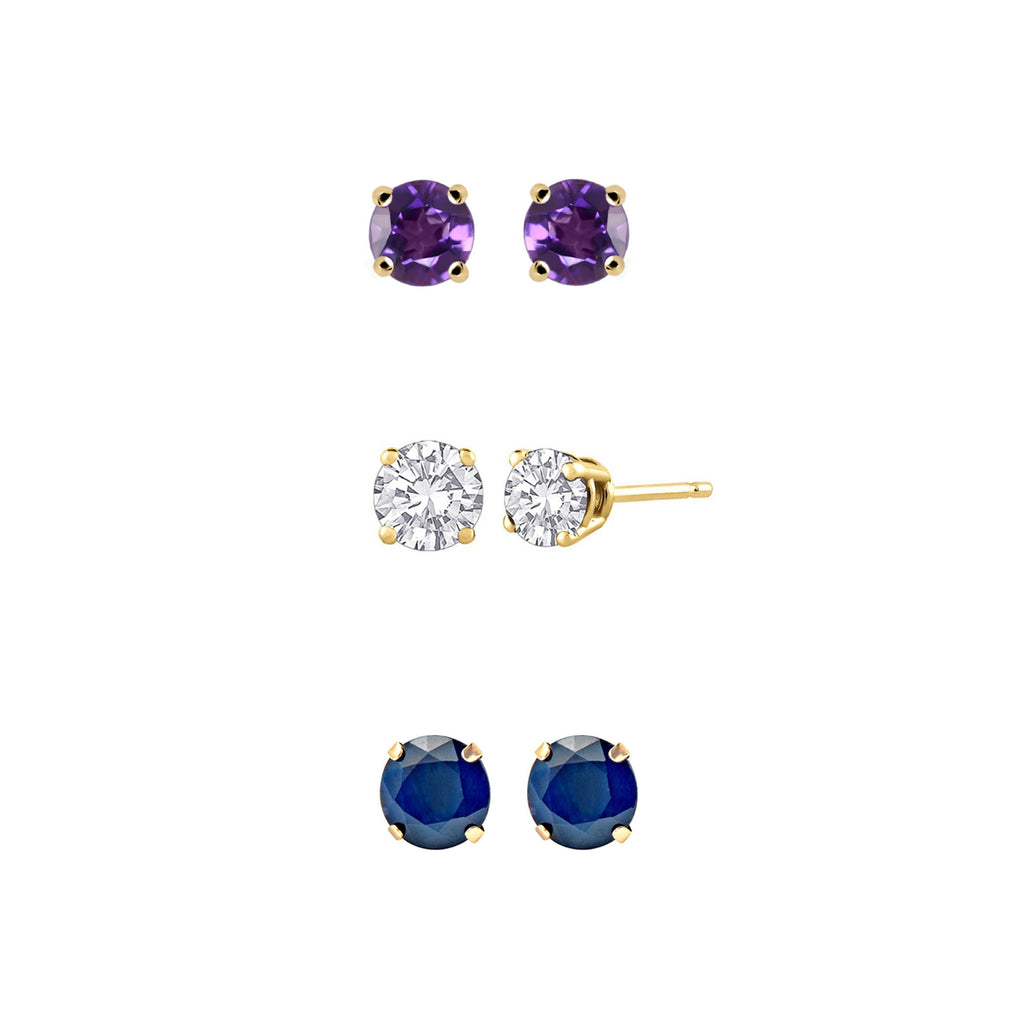 14k Yellow Gold Plated 2Ct Created Amethyst, White Sapphire and Blue Sapphire 3 Pair Round Stud Earrings