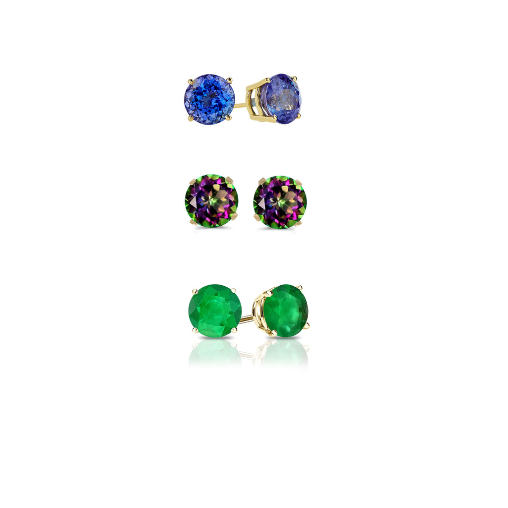 24k Yellow Gold Plated 1Ct Created Tanzanite, Mystic Topaz and Emerald 3 Pair Round Stud Earrings