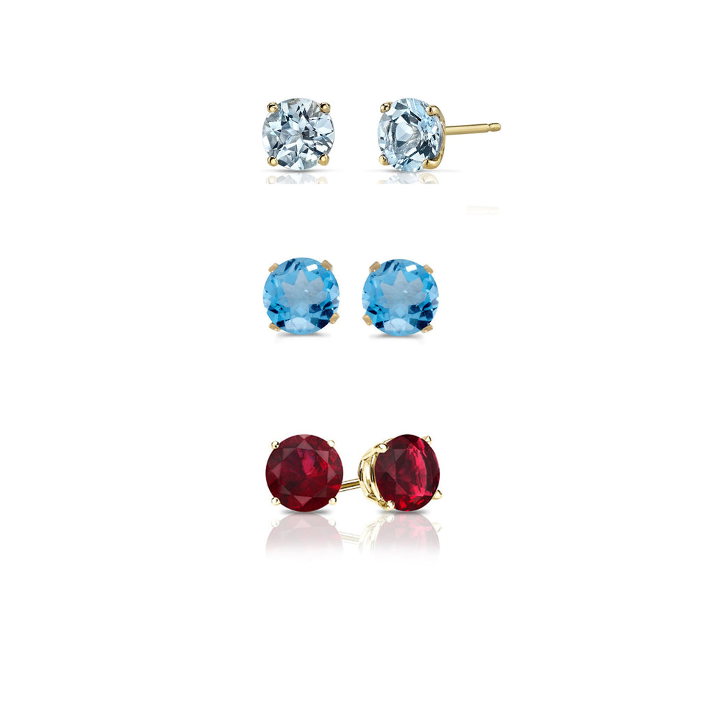 14k Yellow Gold Plated 1/2Ct Created Aquamarine, Blue Topaz and Ruby 3 Pair Round Stud Earrings