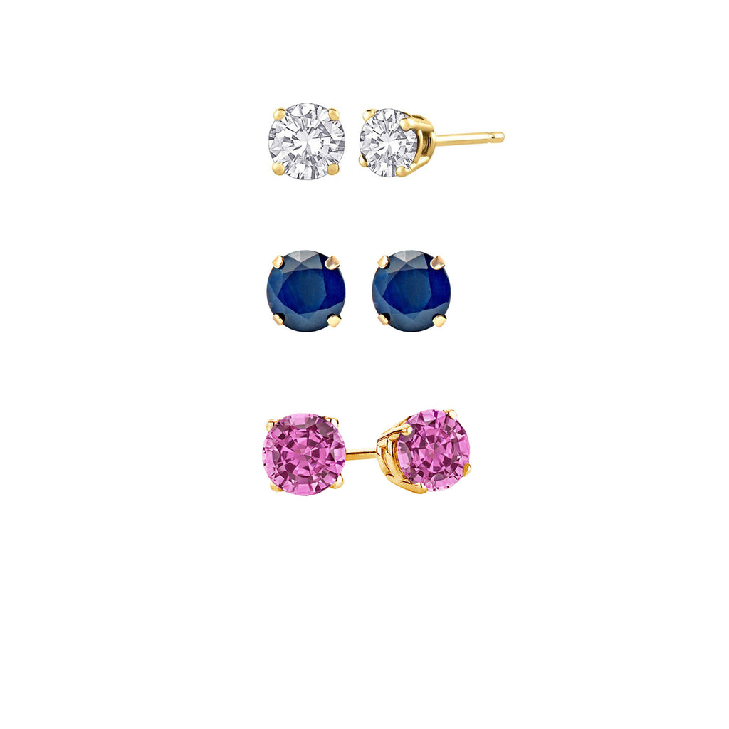 18k Yellow Gold Plated 1/2Ct Created White Sapphire, Blue Sapphire and Pink Sapphire 3 Pair Round Stud Earrings