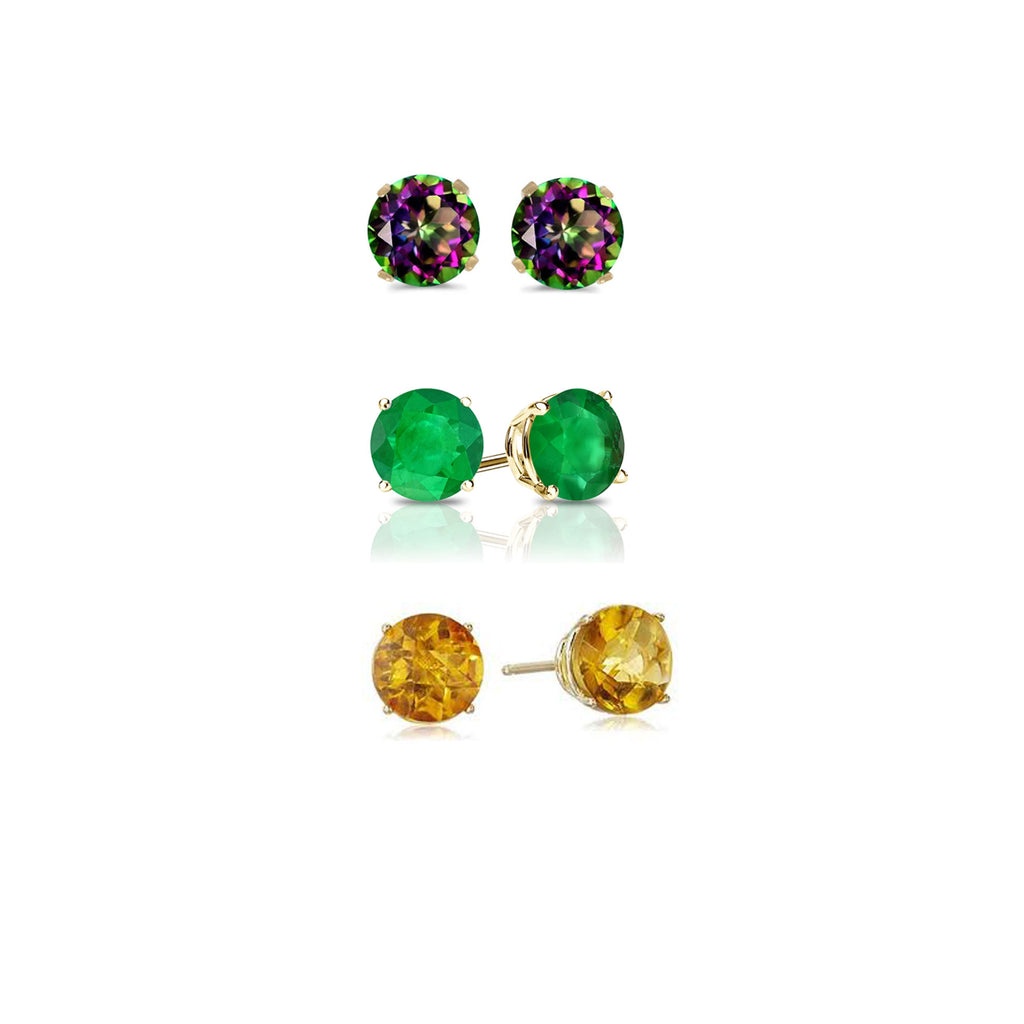14k Yellow Gold Plated 3Ct Created Mystic Topaz, Emerald and Citrine 3 Pair Round Stud Earrings