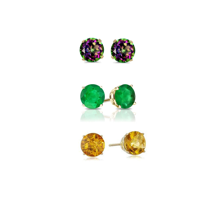 24k Yellow Gold Plated 2Ct Created Mystic Topaz, Emerald and Citrine 3 Pair Round Stud Earrings