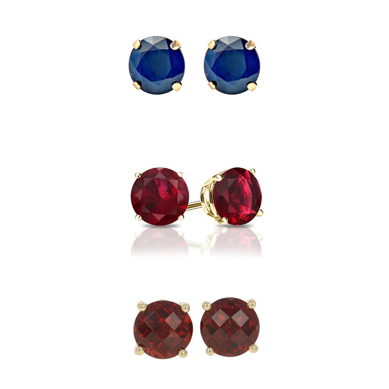 24k Yellow Gold Plated 3Ct Created Blue Topaz, Ruby and Garnet 3 Pair Round Stud Earrings