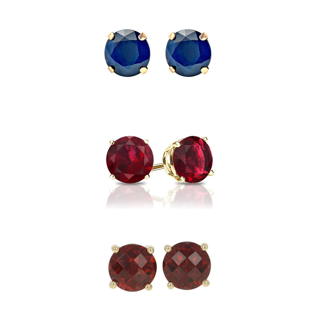 24k Yellow Gold Plated 4Ct Created Blue Topaz, Ruby and Garnet 3 Pair Round Stud Earrings