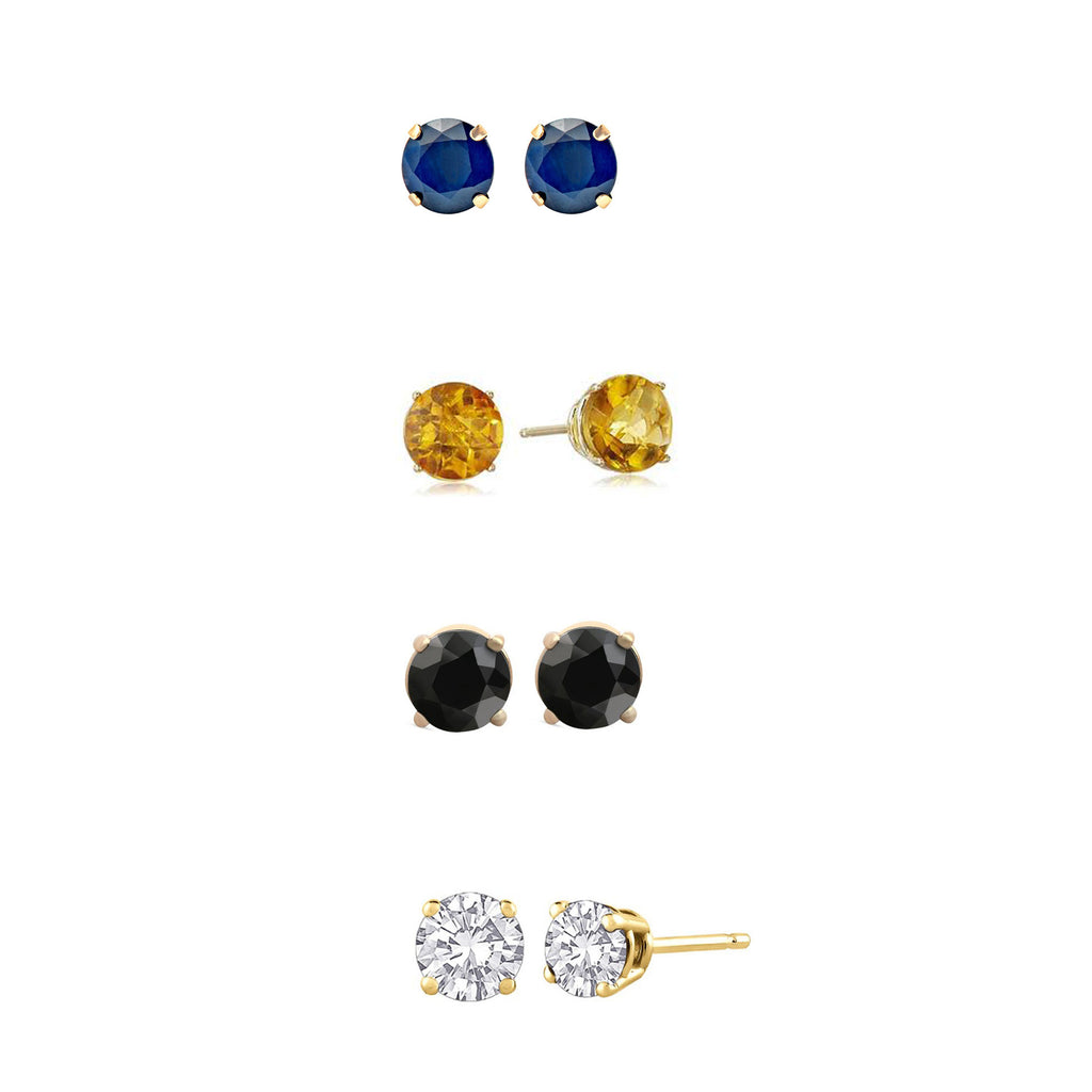24k Yellow Gold Plated 2Ct Created Blue Sapphire, Citrine, Black Sapphire and White Sapphire 4 Pair Round Stud Earrings