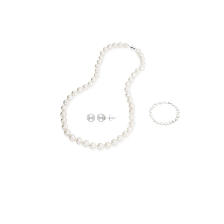 24K White Gold 3 ct Pearl Round 18 Inch Necklace, Bracelet and Earrings Set Plated
