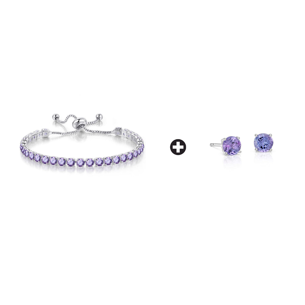 10k White Gold 6 Cttw Created Tanzanite Round Adjustable Tennis Plated Bracelet and Earrings Set